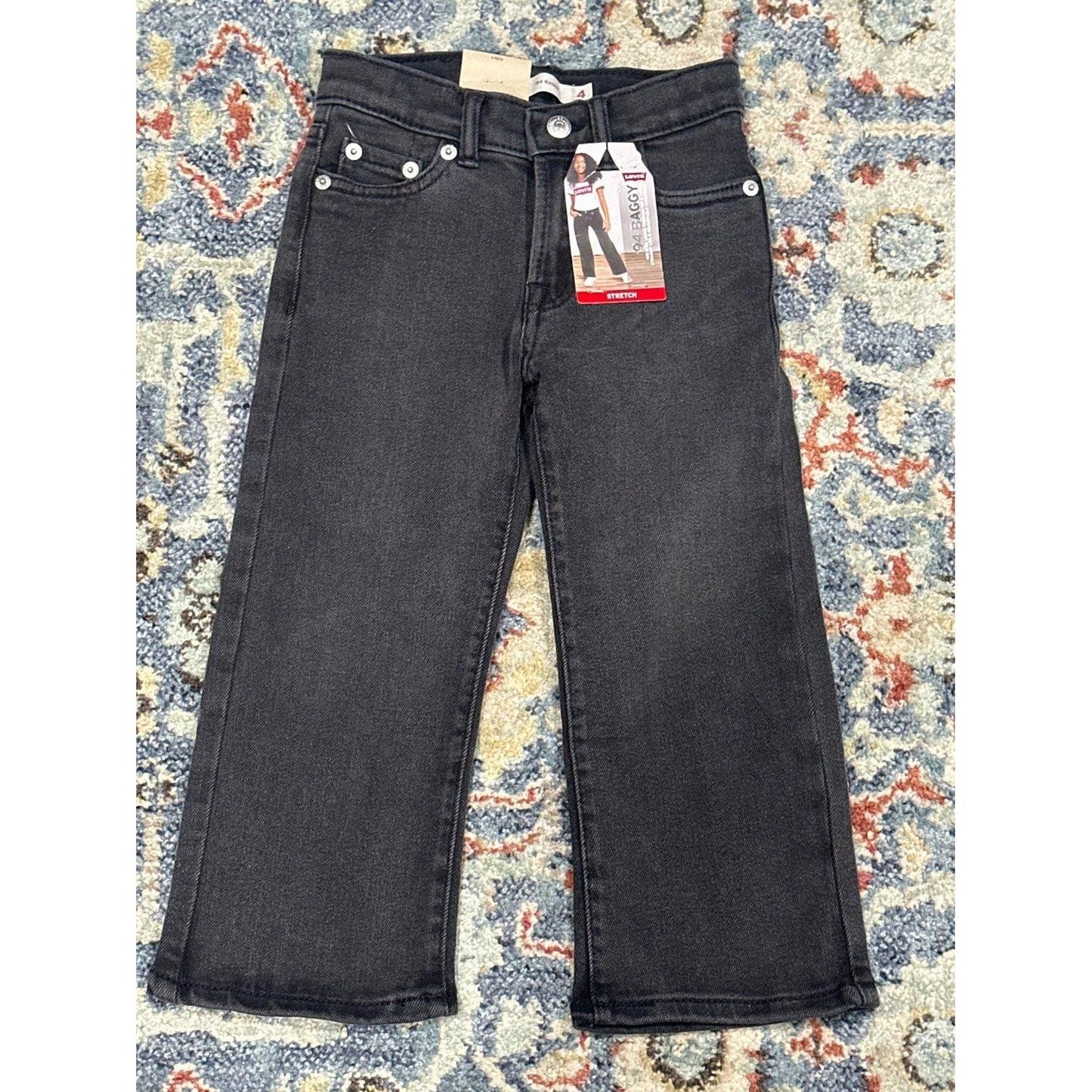 Levi's '94 Baggy Jeans Girls Size 4 Black Straight Leg Adjustable Waist NWT0