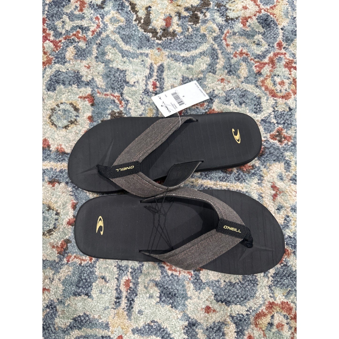 O'Neill Flip Flops Men Size 8 Black Grey Fabric Strap Beach Sandals NWT1