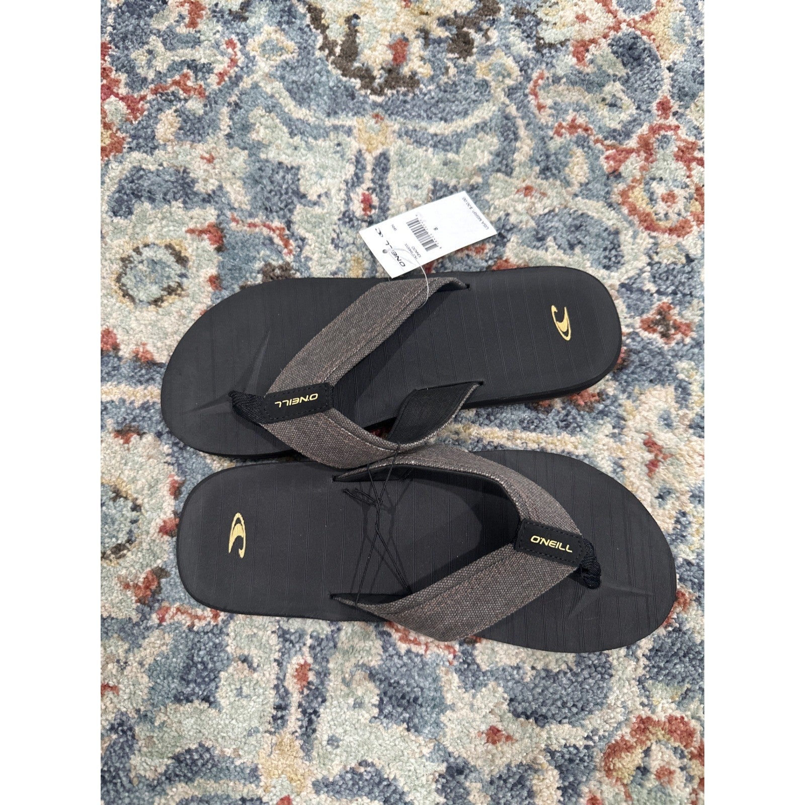 O'Neill Flip Flops Men Size 8 Black Grey Fabric Strap Beach Sandals NWT1