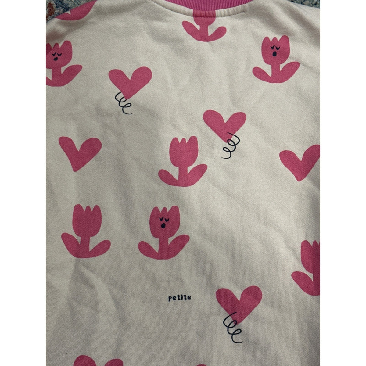 Petite Mieux Sweatshirt Dress Girls 140 (10) Pink Heart Tulip Print EUC5