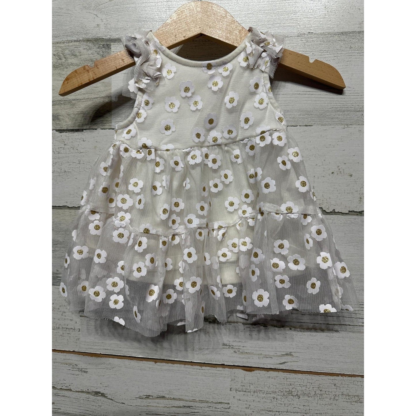 Cat & Jack Tulle Dress Girls 0-3M White Gold Daisy Floral Party EUC0
