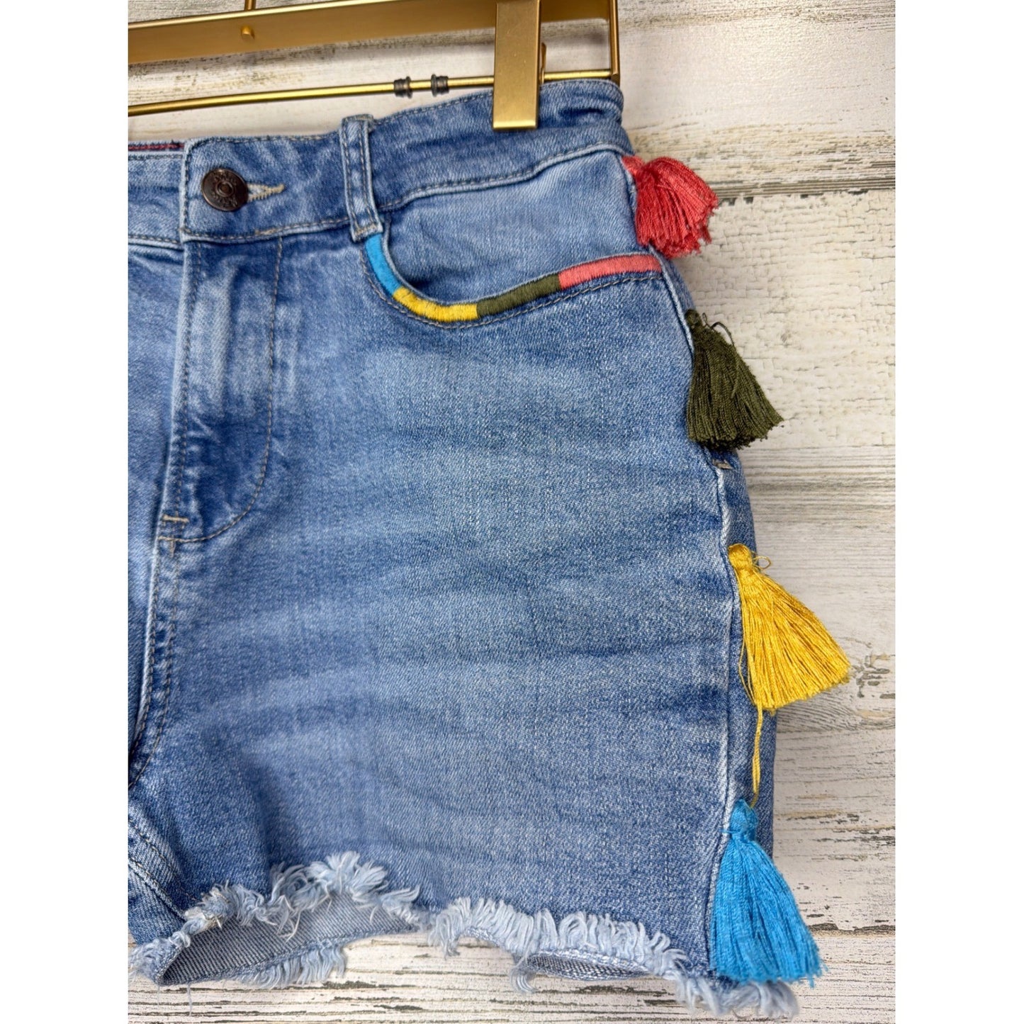Mini Boden Denim Shorts Girls 12 Blue Tassel Embroidered Boho1