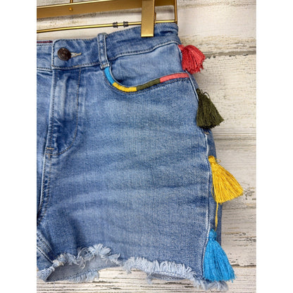 Mini Boden Denim Shorts Girls 12 Blue Tassel Embroidered Boho1