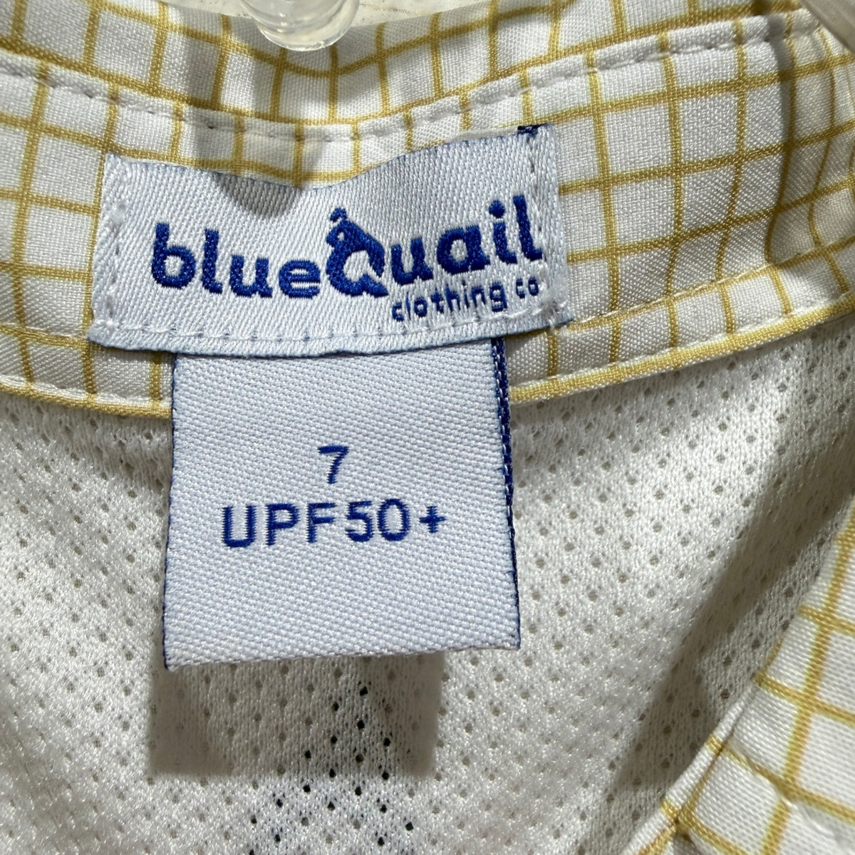 Blue Quail Guayabera Shirt Boys 7 Tan Check UPF 50+ Performance EUC2