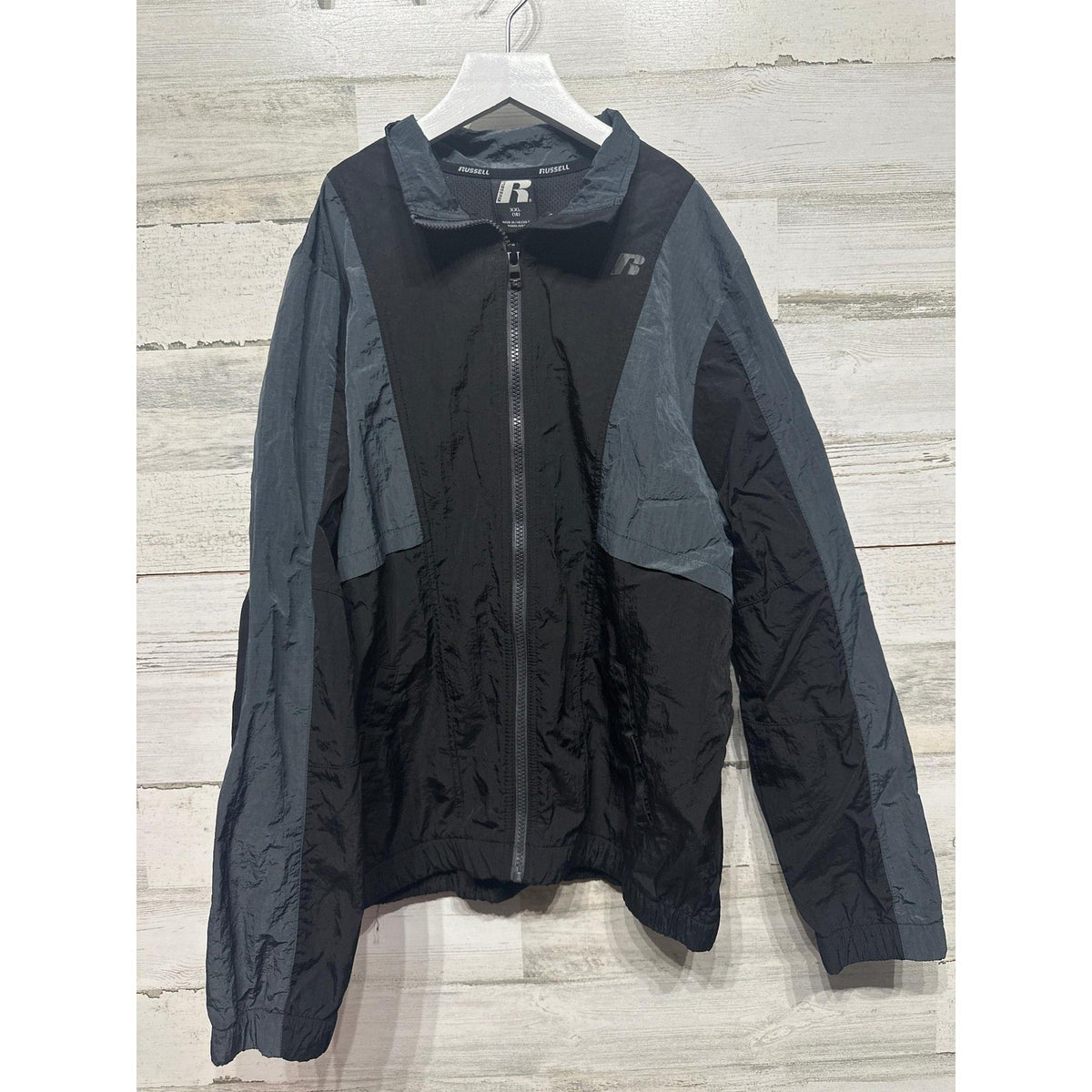 Russell Windbreaker Boys XXL 18 Black Charcoal Colorblock Athletic EUC0