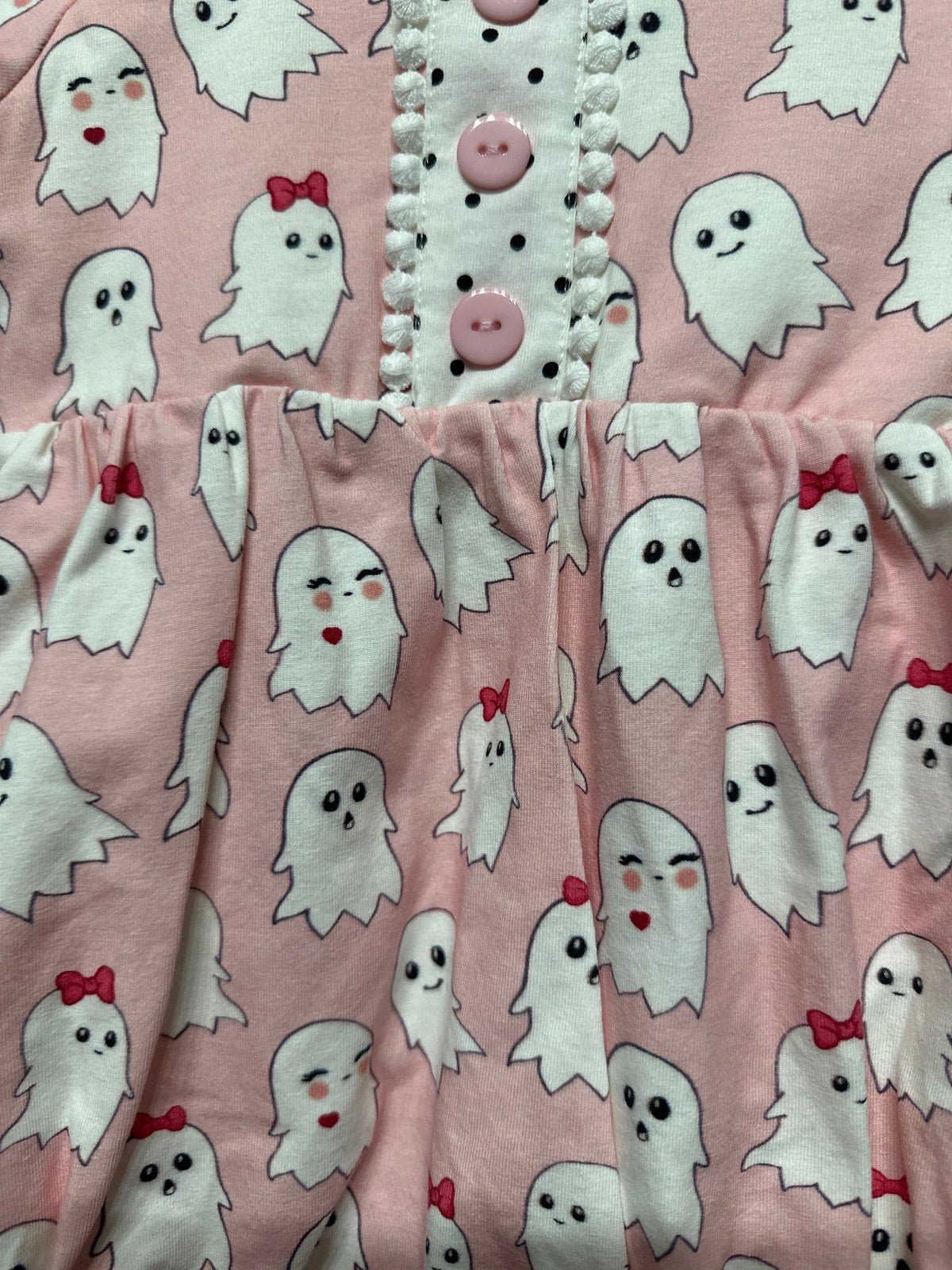 Pink Ghost Print Bubble Romper Girls 9M Pink Pom Pom Trim Halloween EUC1