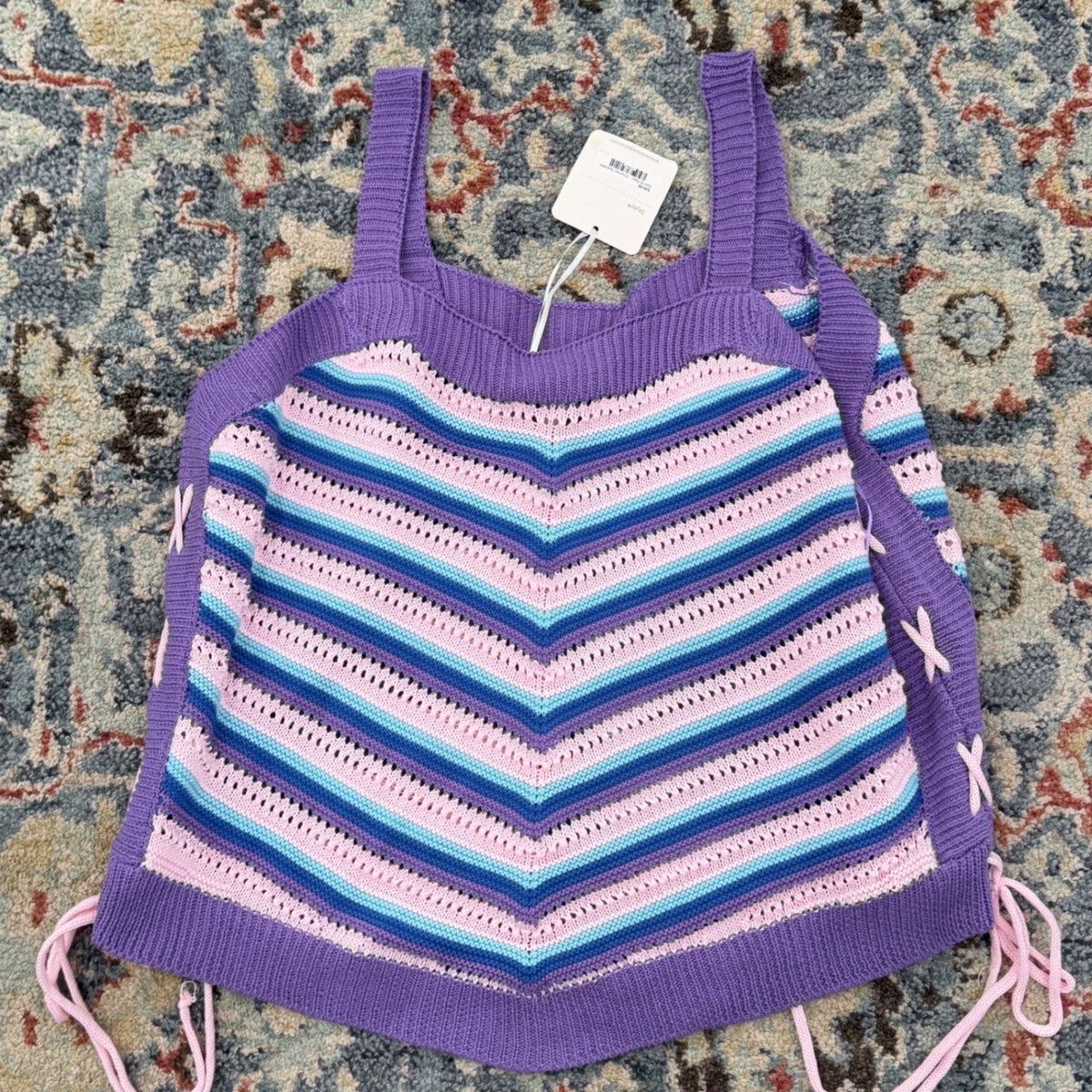 Davi & Dani Knit Tank Top Women XL Purple Chevron Lace Up Boho NWT4