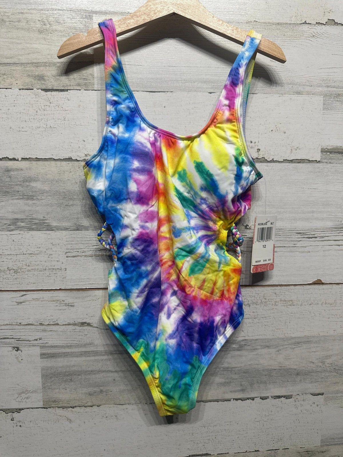 Hobie One Piece Swimsuit Girls 12 Multicolor Tie Dye Braided Sides NWT0