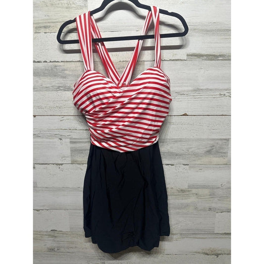 Cocopear Swim Dress Women 2X Red White Black Striped Crossover NWT0