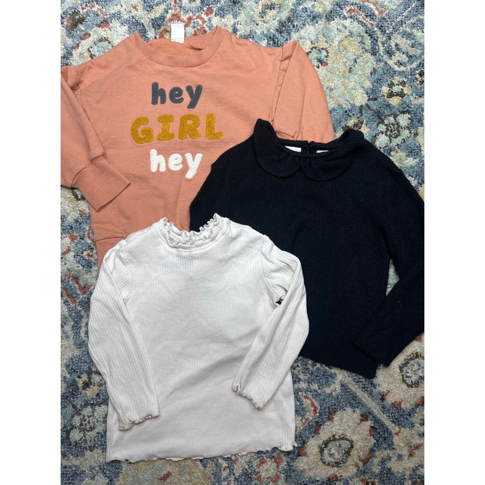 Zara H&M Long Sleeve Tops Bundle Girls 18M Peach Black Cream Graphic Ribbed1