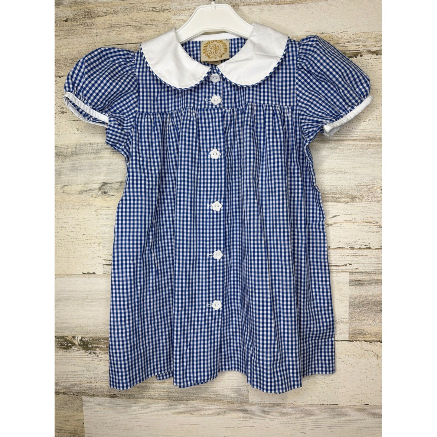 The Beaufort Bonnet Company Dress Girls 3T Blue Gingham Peter Pan Collar EUC0