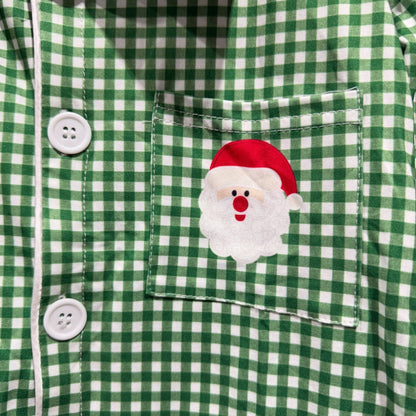 Boutique Pajama Set Kids 6-7 Green Gingham Santa Holiday Christmas NWOT2