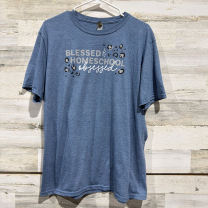 Gildan Graphic Tee Women Large Blue Blessed Homeschool Obsessed Momcore *Flawed0