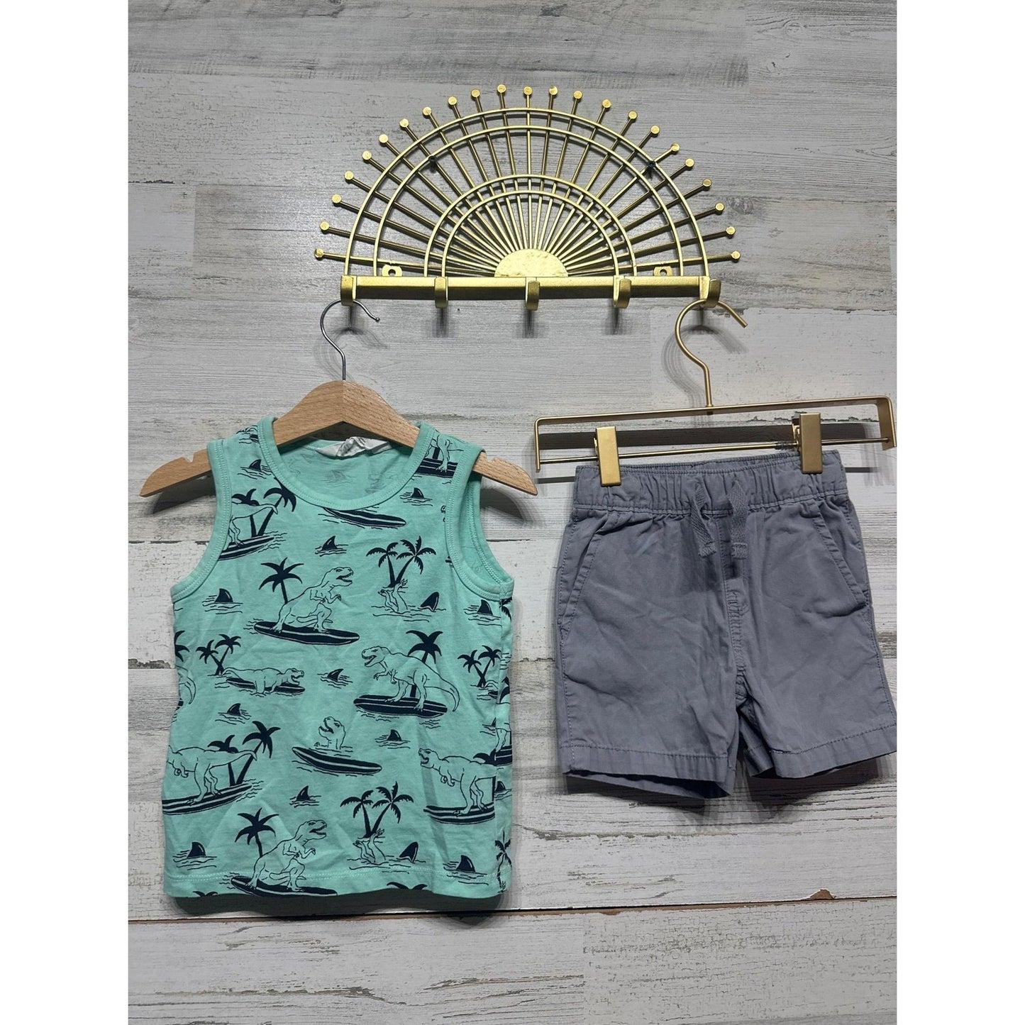 H&M Children's Place Outfit Boys 18-24M Mint Gray Surfing Dino Summer EUC0
