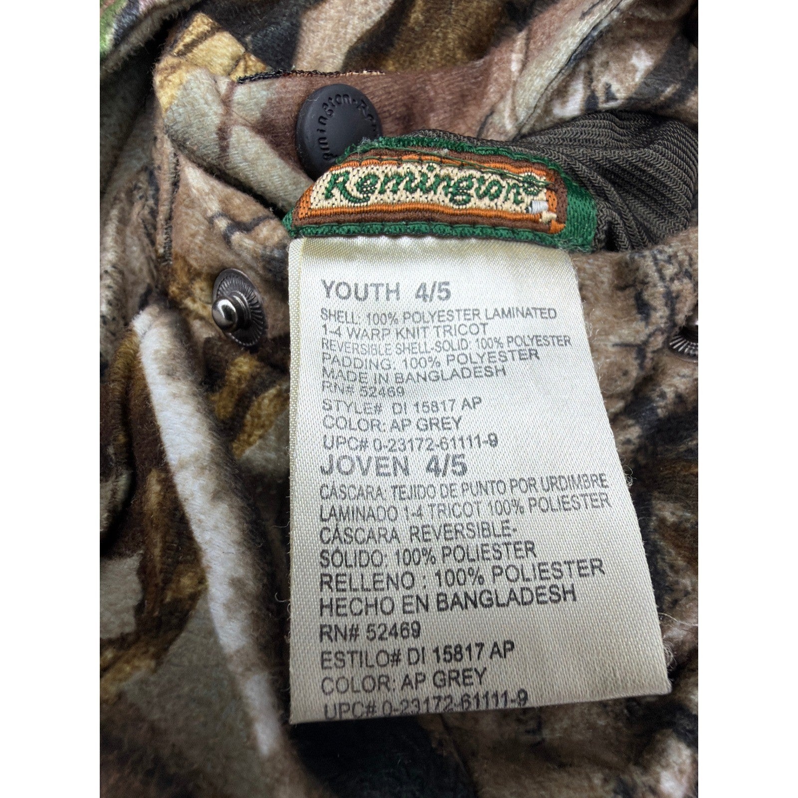 Remington Reversible Jacket Boys 4/5 Camo Real Tree Insulated Gorpcore EUC5