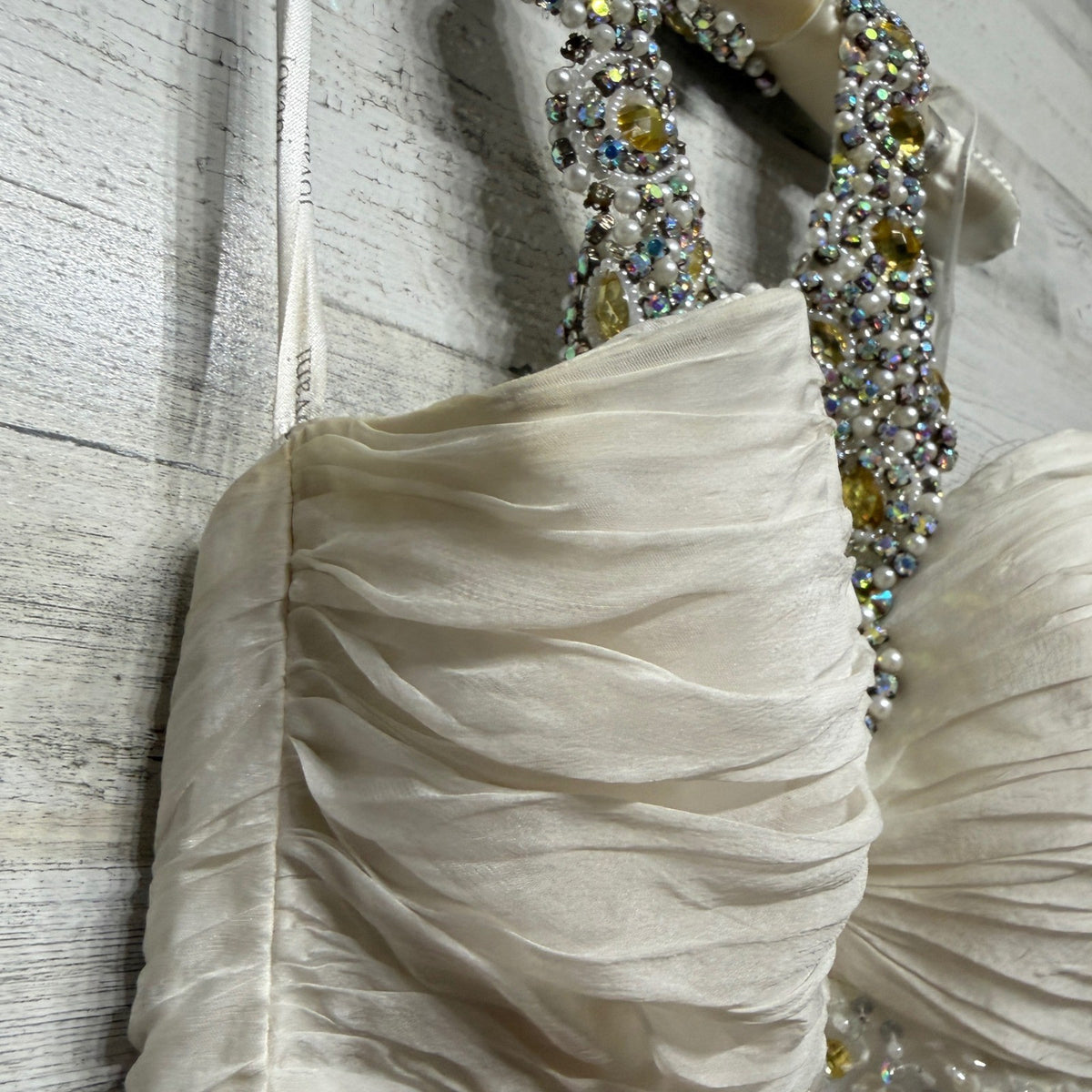 Jovani Prom Gown Women 4 White Beaded Sequin Mermaid Halter Glam *Flawed3