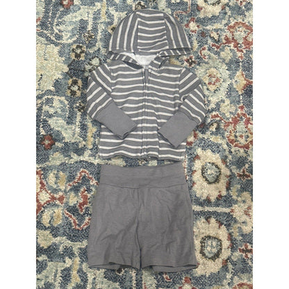 Hanes Hoodie Shorts Set Boys 0-6M Gray Striped Ultimate Baby Flexy EUC0