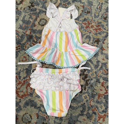 Swoon Baby Swimsuit Girls 3T 4 Multicolor Striped Ruffle Pom Pom Tankini Set NEW1