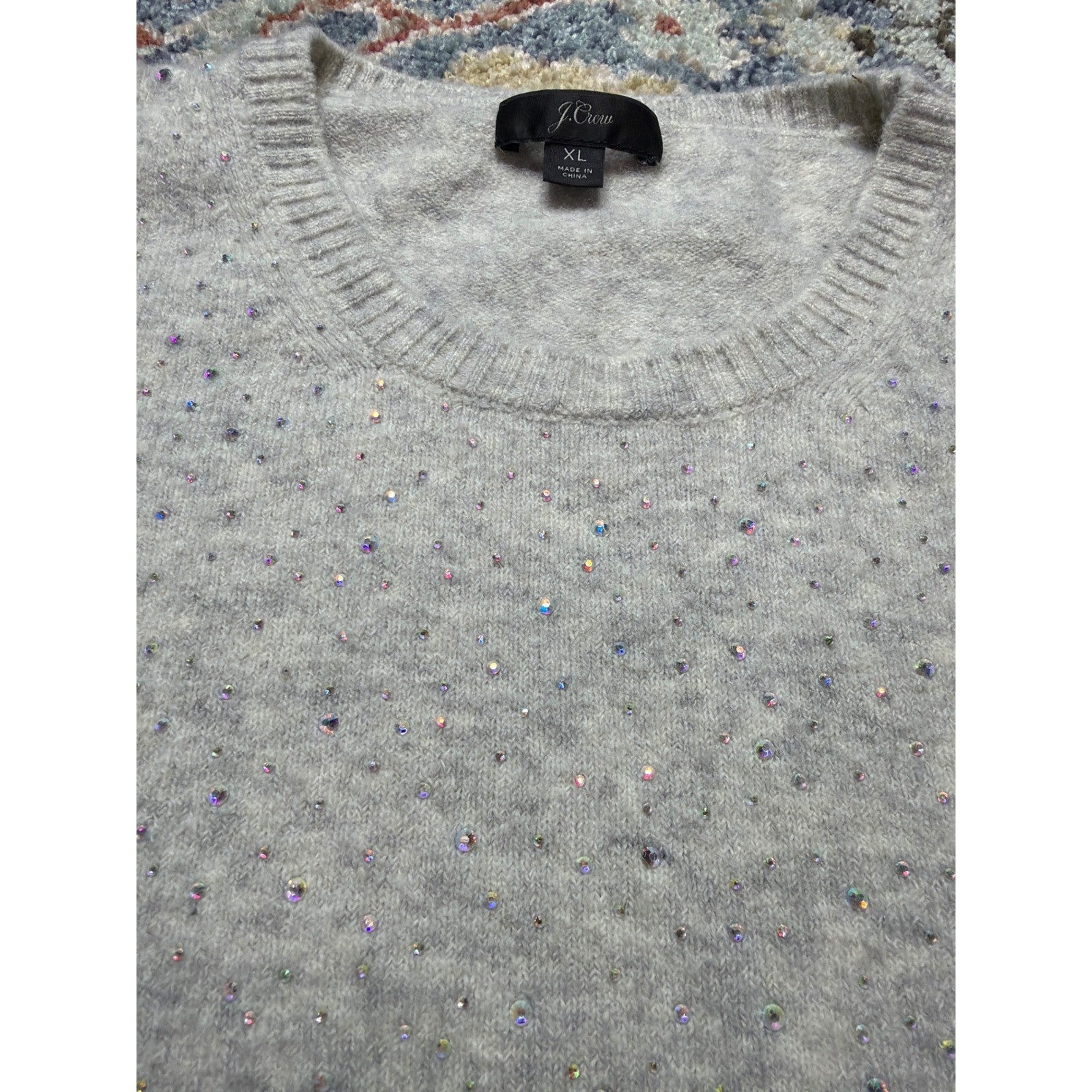 J.Crew Short Sleeve Sweater Women XL Gray Rhinestone Merino Wool Blend EUC2