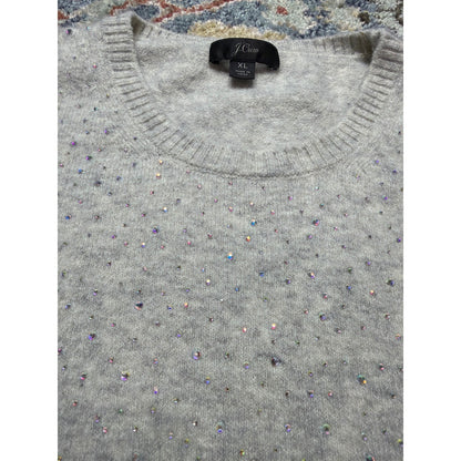 J.Crew Short Sleeve Sweater Women XL Gray Rhinestone Merino Wool Blend EUC2