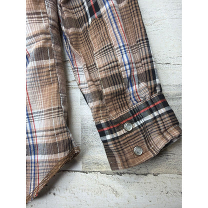 Rustler Pearl Snap Shirt Boys Medium Brown Plaid Silver Accent Westerncore EUC4