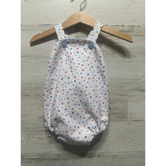 James & Lottie Sunsuit Romper Kids 3M White Red Blue Patriotic Star Print NWT0