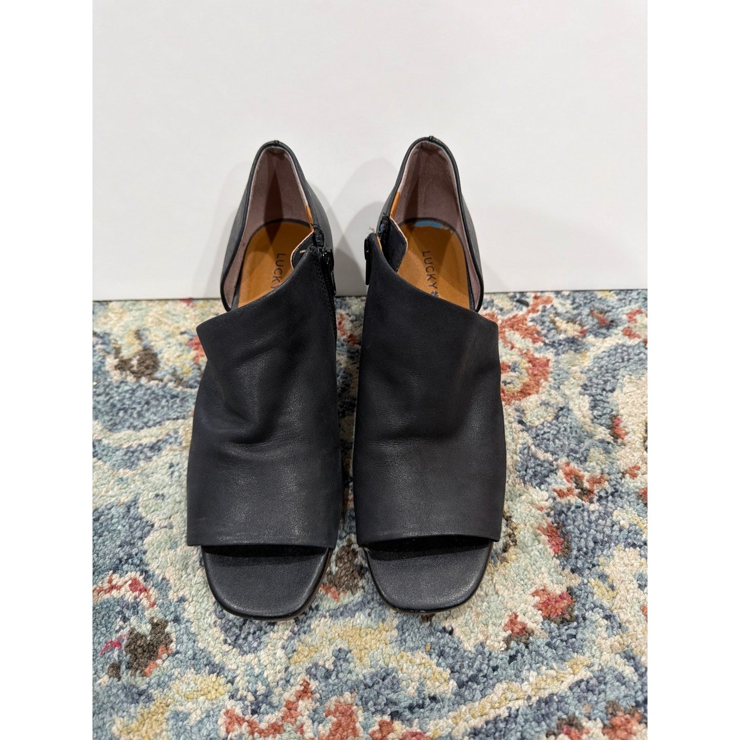 Lucky Brand Peep Toe Booties Women 7 Black Leather Block Heel Boho0