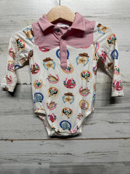 Angel Dear Western Bodysuit Baby 6-12M Pink White Cowboy Print*Flawed0