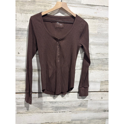 Aerie Henley Shirt Women Large Brown Long Sleeve Ribbed Scoop Neck0