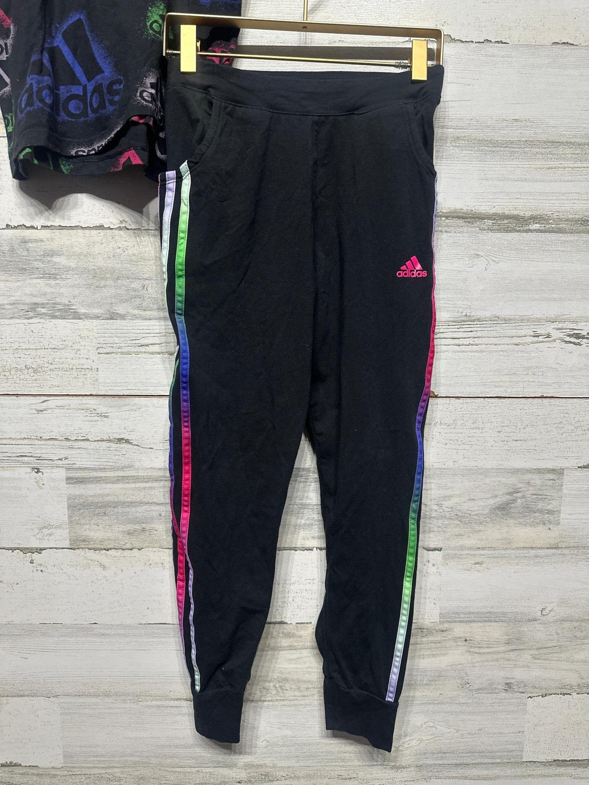 Adidas 3pc Outfit Set Girls Large 14 Black Neon Rainbow Metallic3