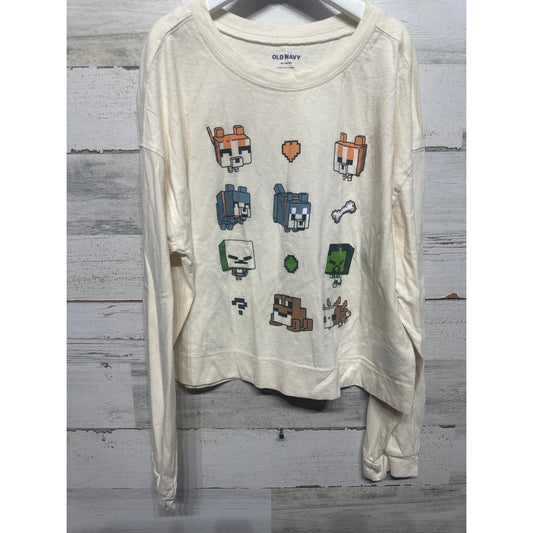 Old Navy Minecraft Shirt Girls XL 14 Cream Long Sleeve Graphic Cropped GUC0