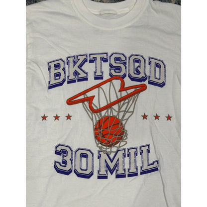 BKTSQD Graphic T-Shirt Mens Small White 30 Mil Bucket Squad Basketball EUC1