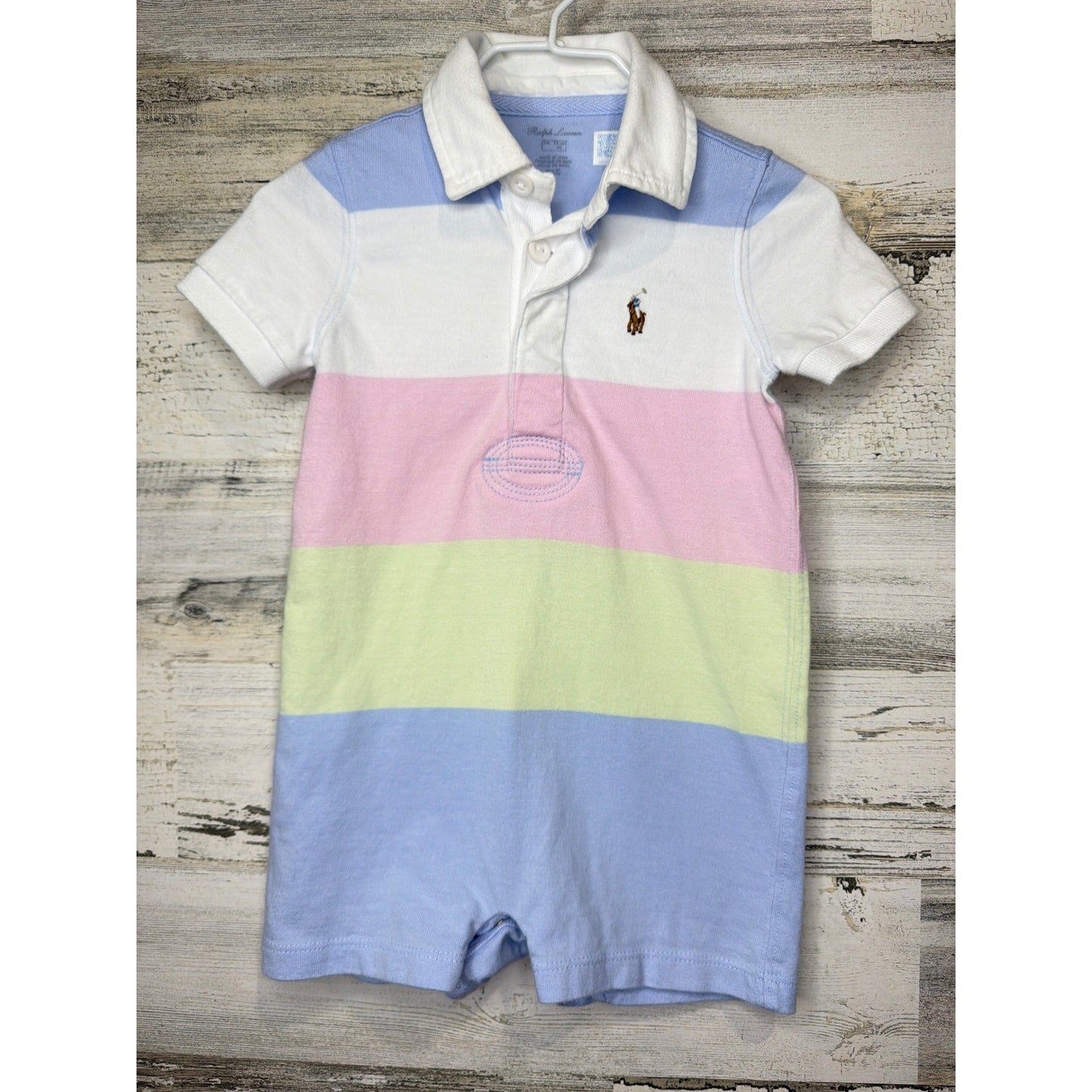 Ralph Lauren Polo Romper Boys 9M Pastel Striped Preppy Summer EUC0