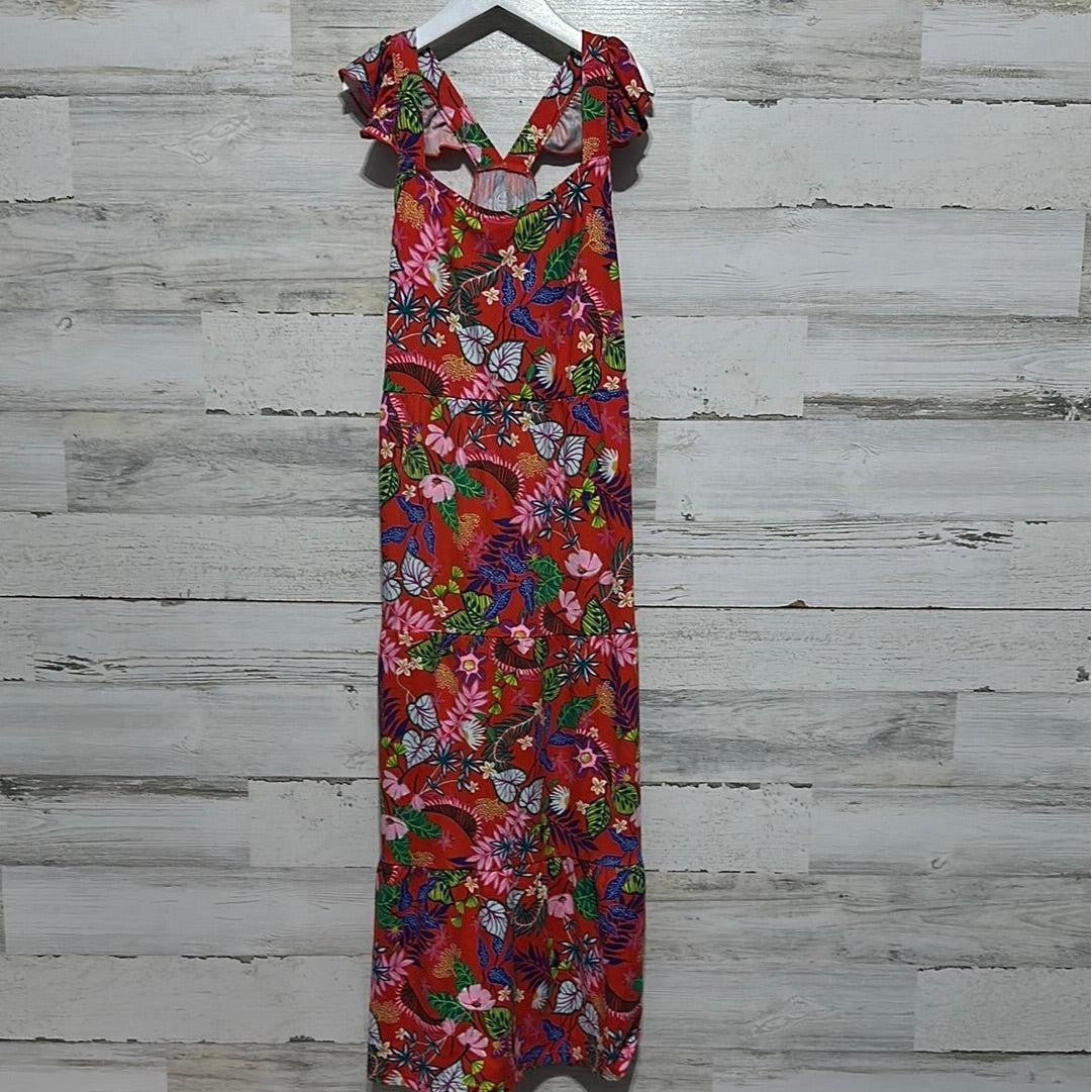Wonder Nation Maxi Dress Girls 10/12 Red Tropical Floral Ruffle Tiered EUC0