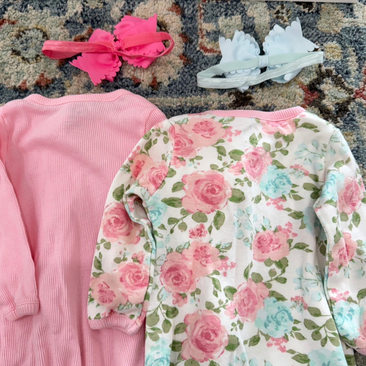 Baby Essentials Footed Romper Girls 6M Pink Floral Ribbed Bows Bundle EUC4