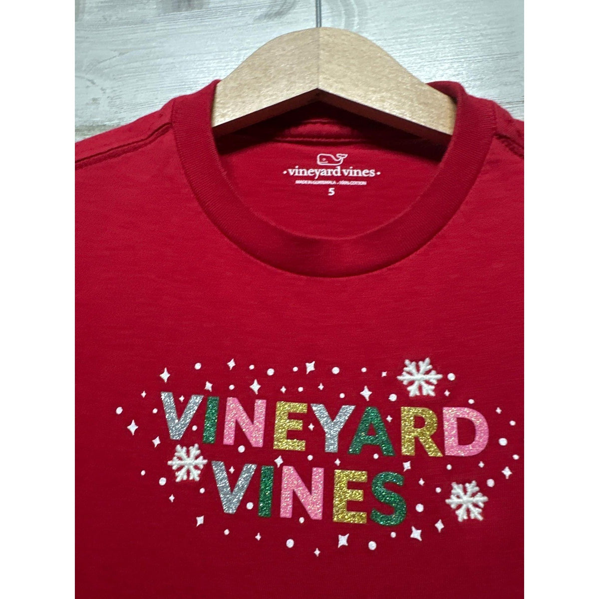 Vineyard Vines Long Sleeve Shirt Girls 5 Red Glitter Holiday Snowflake EUC1