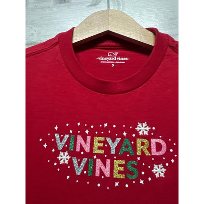 Vineyard Vines Long Sleeve Shirt Girls 5 Red Glitter Holiday Snowflake EUC1