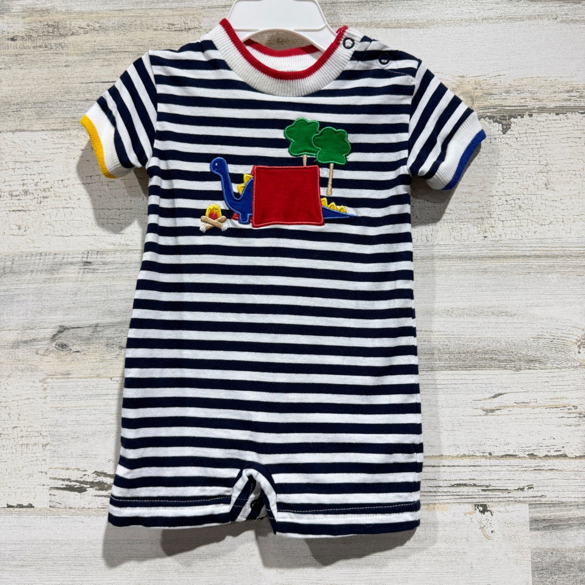 Florence Eiseman Romper Boys 3M Navy Stripe Dinosaur Camping Preppy EUC0