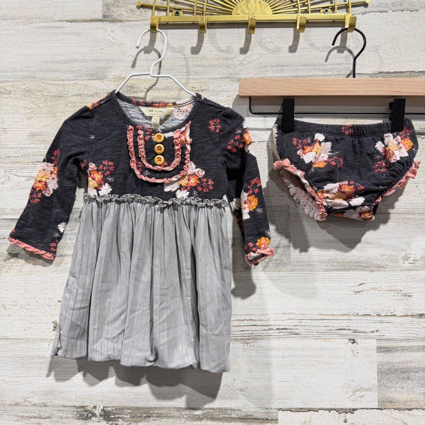 Matilda Jane Joanna Gaines Dress Set Girls 12-18M Grey Floral Ruffle EUC0