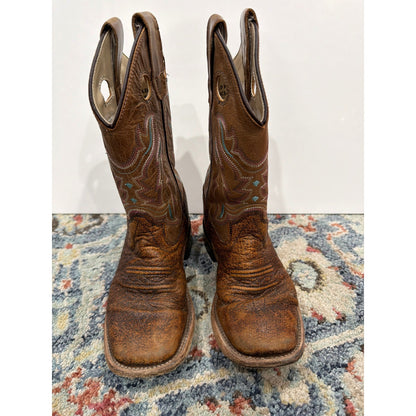 Old West Cowboy Boots Boys Size 13 D Brown Leather Western Square Toe GUC1