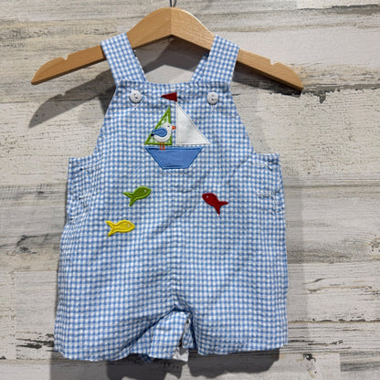 Florence Eiseman Sailboat Gingham Shortall Boys 3M Blue Cotton Blend Preppy EUC0