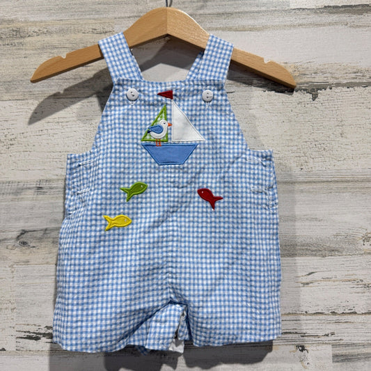 Florence Eiseman Sailboat Gingham Shortall Boys 3M Blue Cotton Blend Preppy EUC0