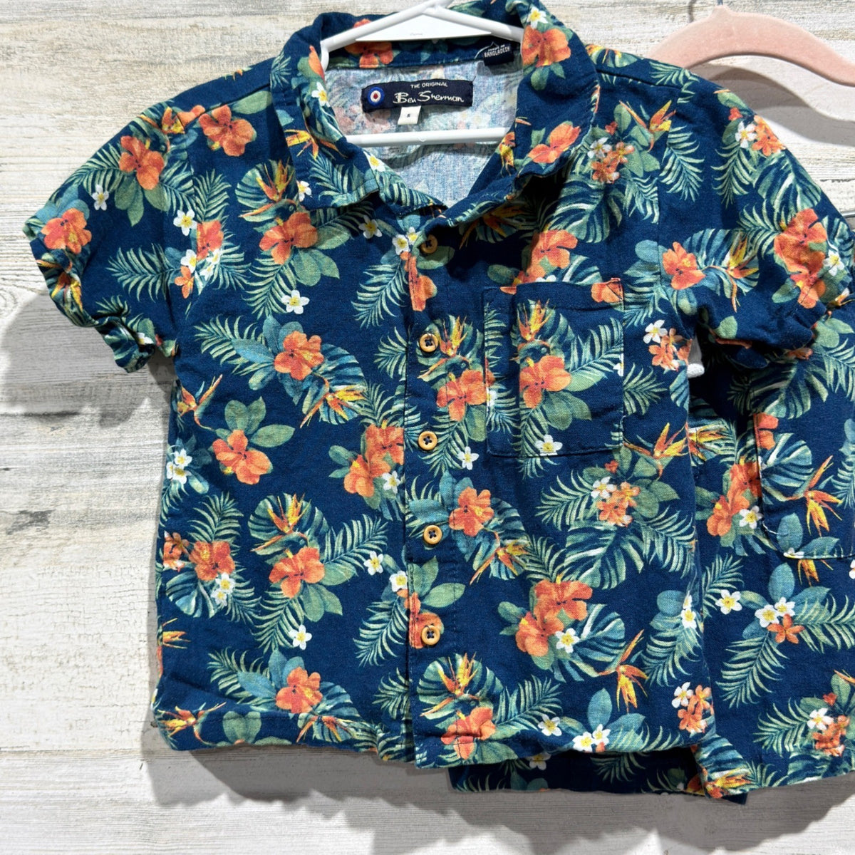 Ben Sherman 2 Piece Set Boys Size 5 Blue Floral Linen Blend Tropical Summer EUC1