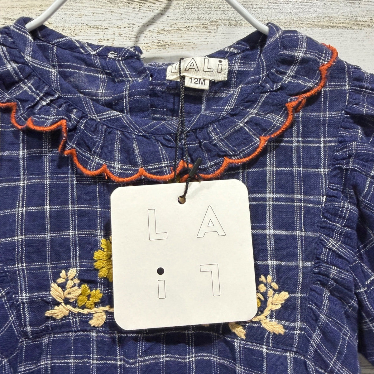 Lali Embroidered Bubble Romper Girls 12M Blue Plaid Floral NWT *Flawed2