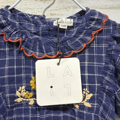 Lali Embroidered Bubble Romper Girls 12M Blue Plaid Floral NWT *Flawed2