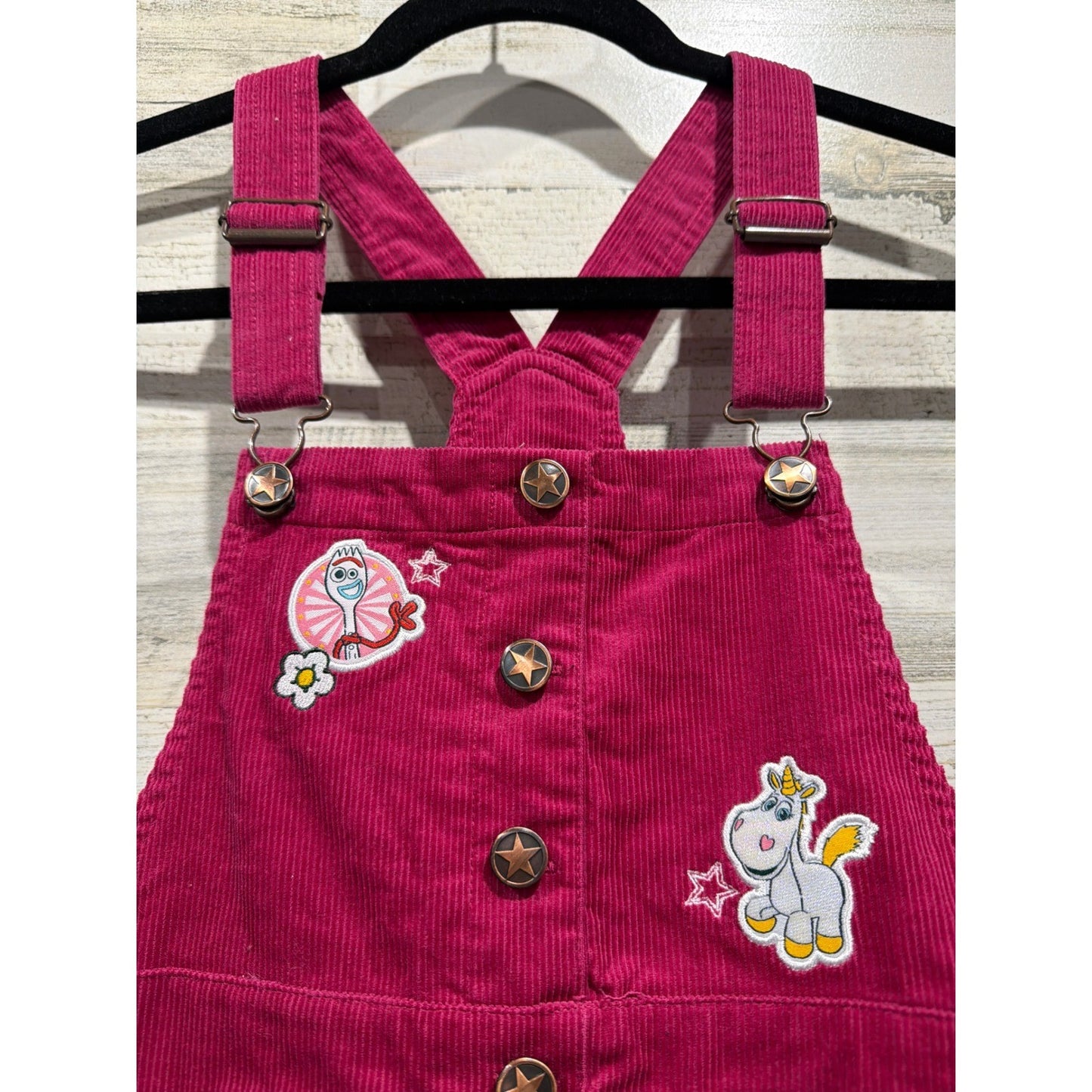 Disney Toy Story Girls 7/8 Pink Corduroy Overall Dress Jessie Forky EUC1