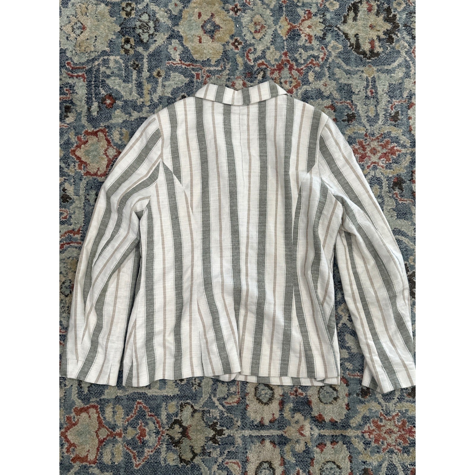 Gaudie Striped Blazer Women Large White Grey Tan Coastal Interview Two Button4