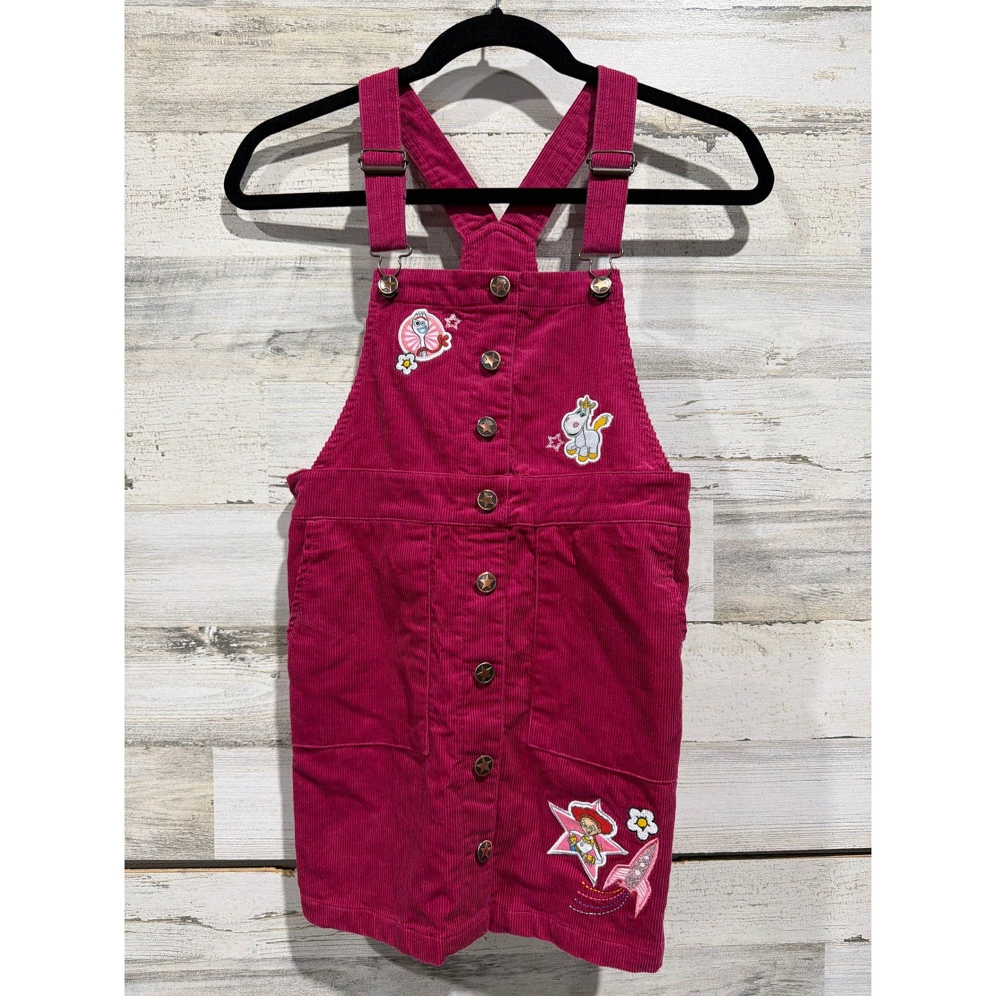 Disney Toy Story Girls 7/8 Pink Corduroy Overall Dress Jessie Forky EUC0