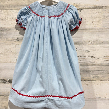 Smocktions Smocked Dress 2T Blue Corduroy Snowman Christmas Holiday *Flawed7