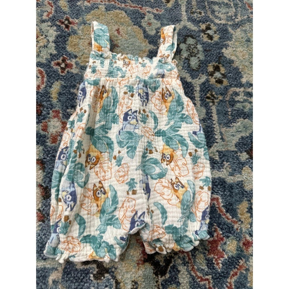 Bluey Romper Girls 3-6m White Blue Bingo Gauze Bubble EUC0